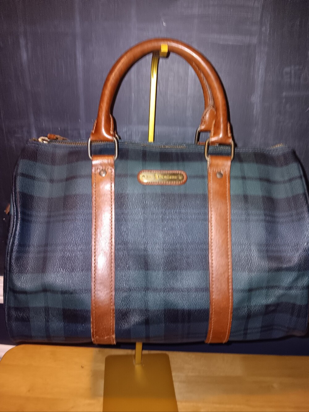 Polo by Ralph Lauren Canvas Green and Brown Plaid Leather-Trim Satchel